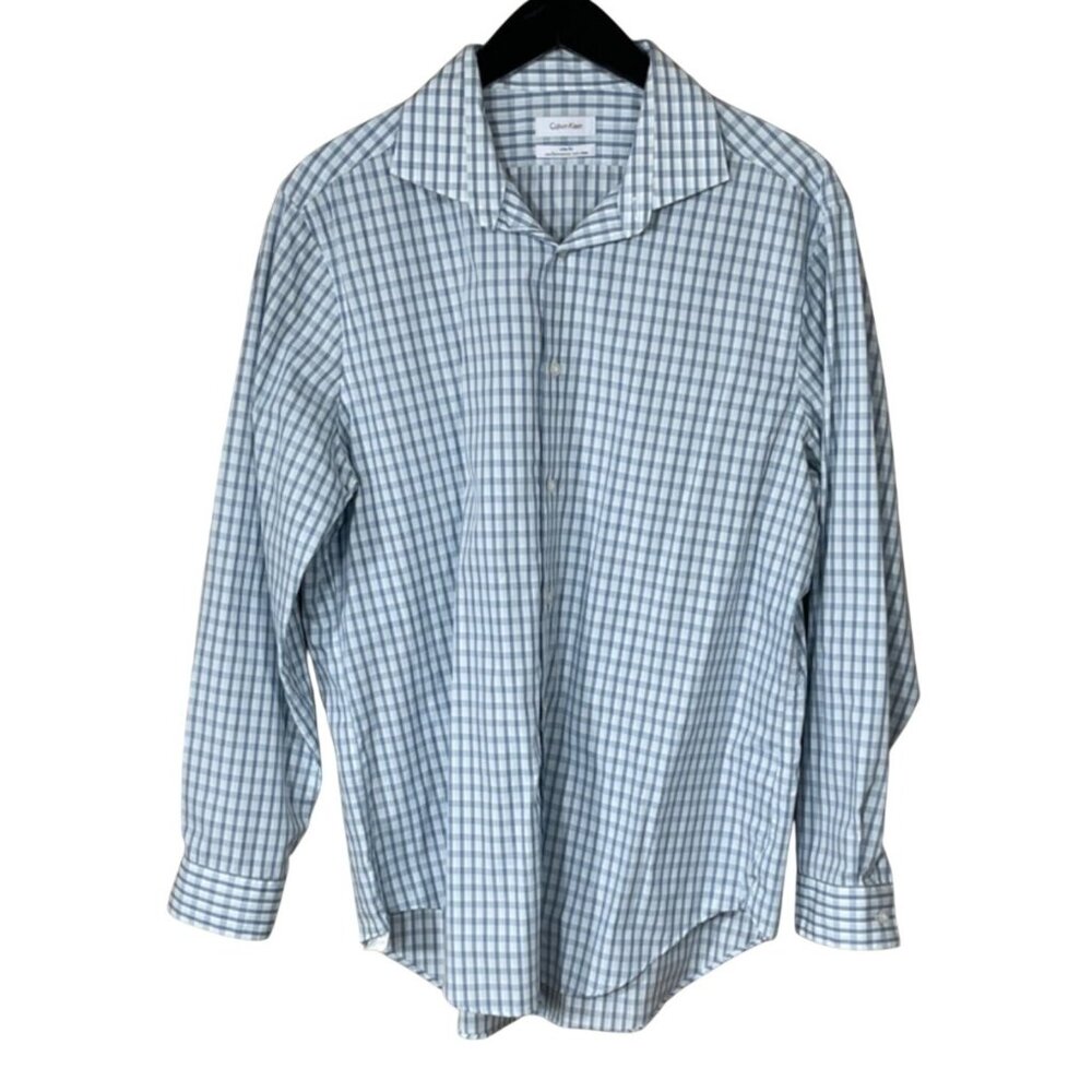 Calvin Klein Button Front Dress Shirt Size 16.5 Blue Plaid Slim Fit Cotton